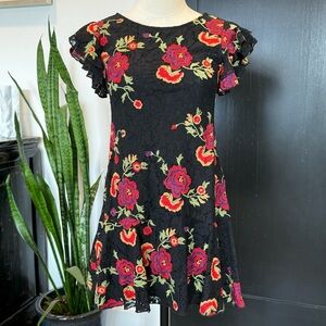 Eva Franco Anthropologie Black Lace Mini Dress with Floral Embroidery